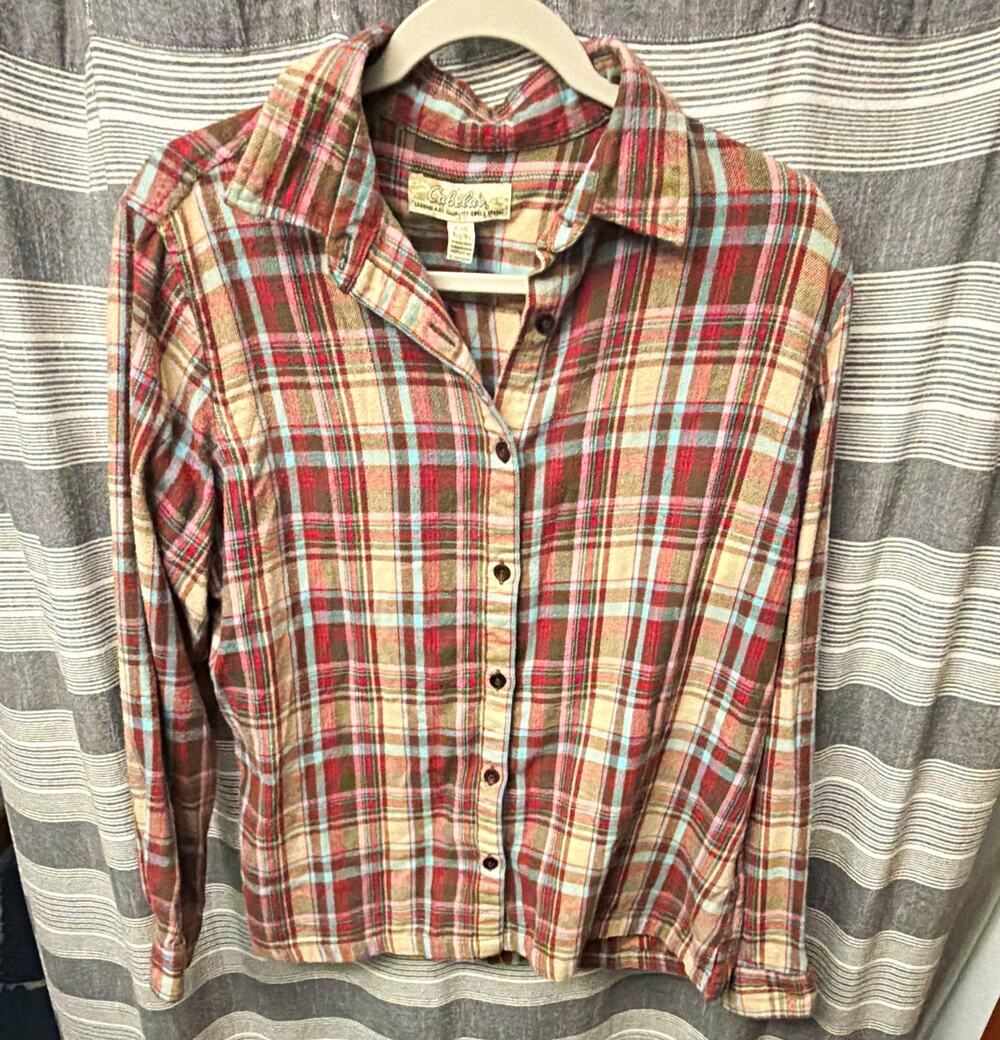 Cabela's Women L Regular Flannel Cotton Plaid Long Sleeve Point Collar Shirt